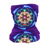 StonerDays Life Force Neck Gaiter featuring vibrant psychedelic patterns on a purple background, front view.