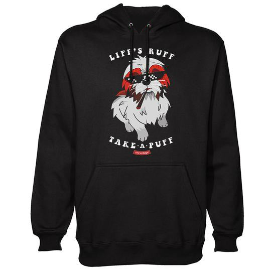 StonerDays black hoodie with 'Life's Ruff Take A Puff' design, front view on white background