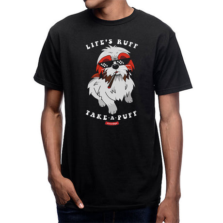 StonerDays black cotton tee with 'Life's Ruff Take A Puff' graphic, front view on model