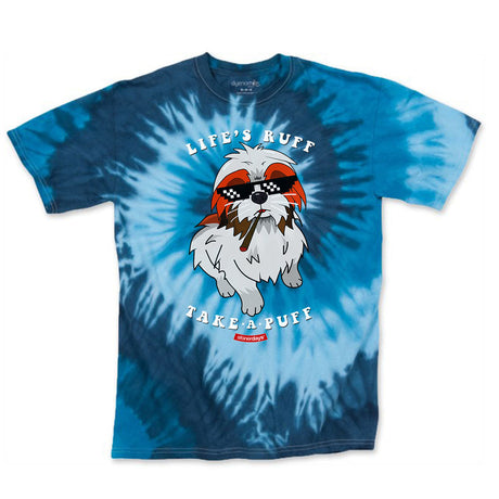 StonerDays blue tie-dye tee with 'Life's Ruff Take A Puff' graphic, front view on white background