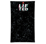 StonerDays Lifted Neck Gaiter featuring starry design and bold LIFTED text, front view on white background