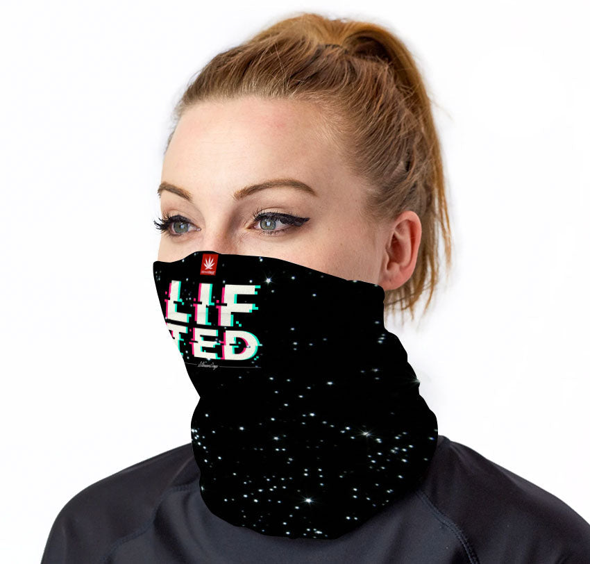 StonerDays Lifted Neck Gaiter worn by model, black with cosmic design, front view