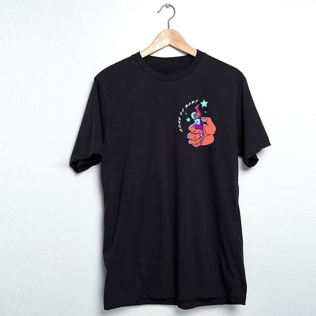 StonerDays Light My Fire black t-shirt with colorful graphic, front view on hanger