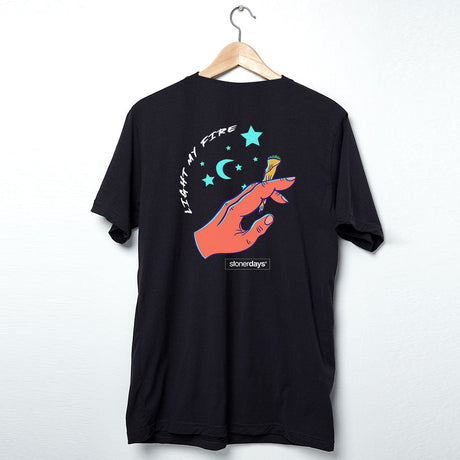 StonerDays 'Light My Fire' black t-shirt with graphic print, hung on wooden hanger, front view