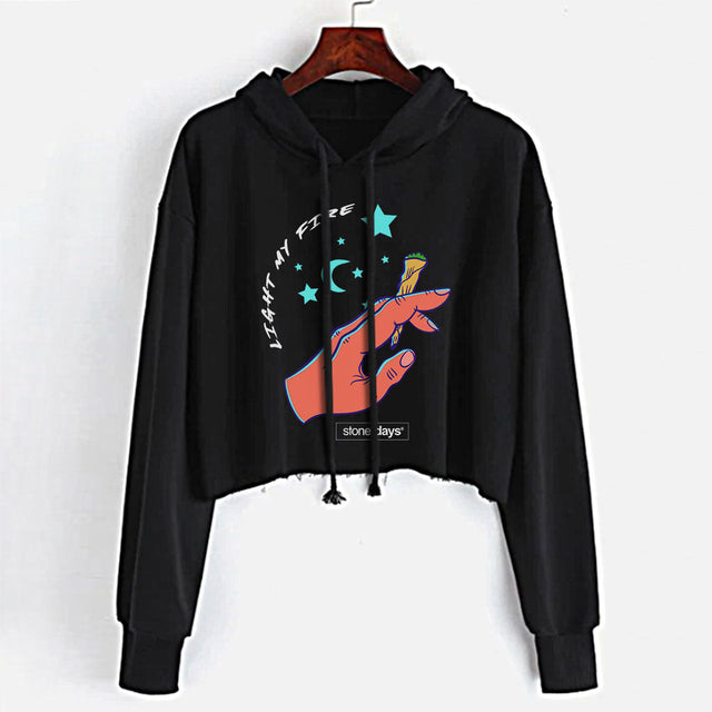 StonerDays Light My Fire women's crop top hoodie in black with graphic print, available in S to XL