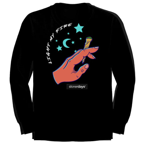 StonerDays Light My Fire Long Sleeve shirt in black, front view, showcasing cosmic hand design