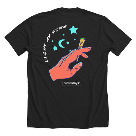 StonerDays 'Light My Fire' graphic t-shirt in black, rear view showcasing design, sizes S-3XL