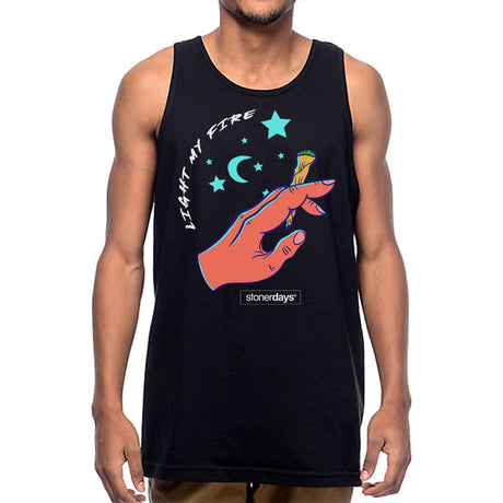 Front view of StonerDays Light My Fire Tank in black, featuring cosmic hand print design, sizes S-XXXL