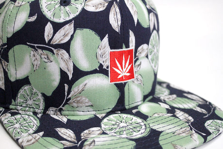 Close-up of StonerDays Lime Trees Snapback with cannabis leaf logo on black cotton