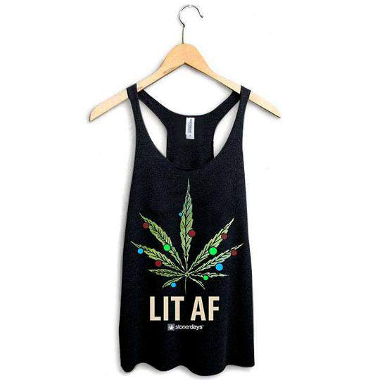 StonerDays Lit AF Women's Racerback Tank Top in Black with Colorful Leaf Design