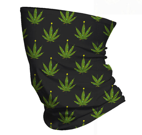 StonerDays Lit Like A Christmas Tree Neck Gaiter with green cannabis leaf design on black polyester