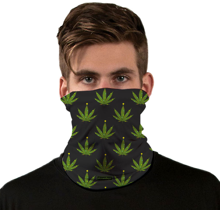 StonerDays Neck Gaiter featuring a cannabis leaf pattern, worn by a model, front view