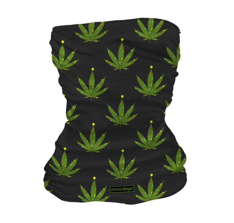 StonerDays Christmas Tree Neck Gaiter featuring green cannabis leaves on black polyester