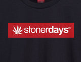 Close-up of StonerDays Logo on Red Hoodie made with Cotton and Polyester