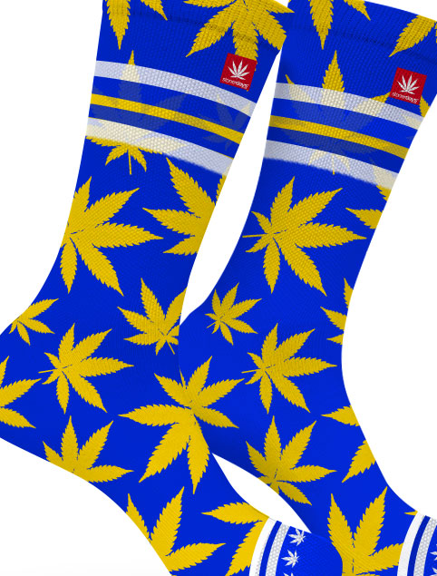 StonerDays Los Angeles Weed Socks in blue with yellow cannabis leaves and stripes, one size fits all