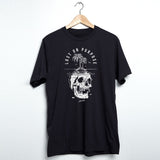 StonerDays Lost On Purpose black cotton t-shirt with graphic print, front view on hanger