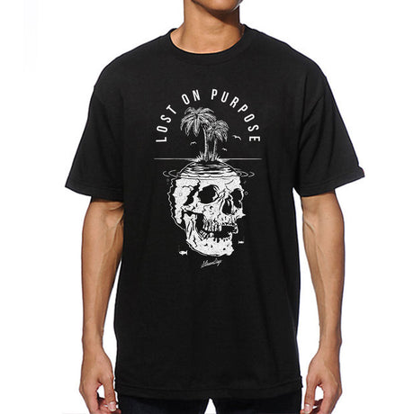 StonerDays Lost On Purpose black cotton t-shirt with graphic print, front view on model, sizes S-3XL