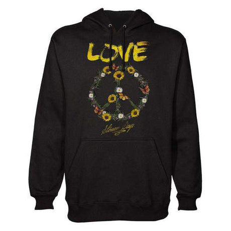 StonerDays Love Hoodie in black with peace sign and floral design, front view on white background