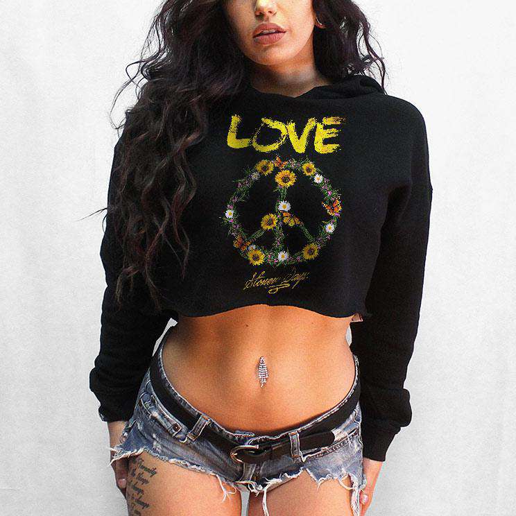 StonerDays Love Peace Sign Croptop Hoodie in black cotton, front view on model