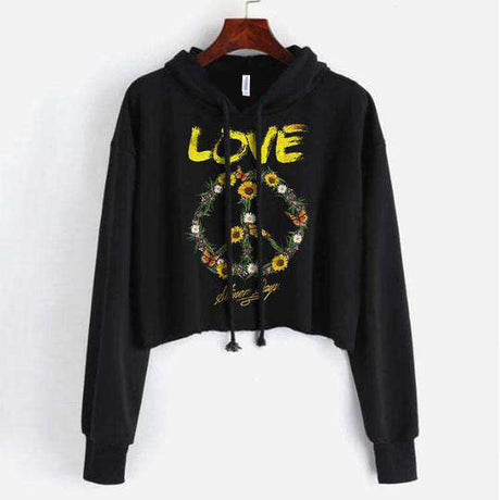 StonerDays Love Peace Sign Crop Top Hoodie in black cotton, front view on white background