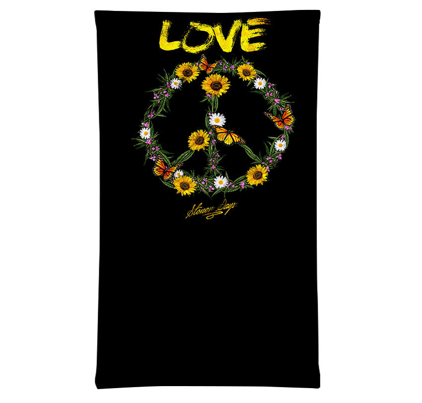 StonerDays Love Weed Love People Neck Gaiter featuring a vibrant peace sign on black