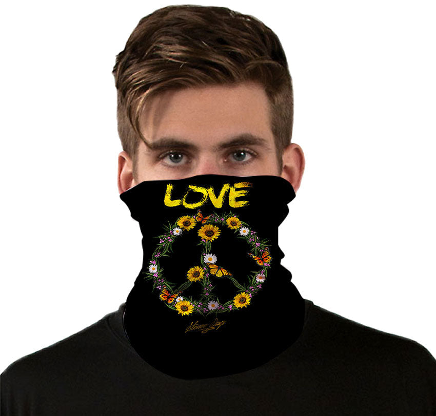 StonerDays Neck Gaiter featuring Peace Sign with Floral Design, Front View on Model