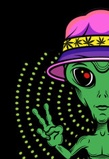StonerDays Mac-1 T-Shirt design featuring a green alien with a colorful hat on black background