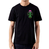 StonerDays Mac-1 men's black cotton t-shirt with green graphic, front view on model