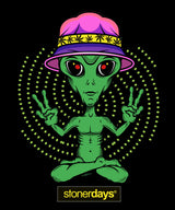 StonerDays Mac-1 men's green cotton t-shirt with meditating alien graphic