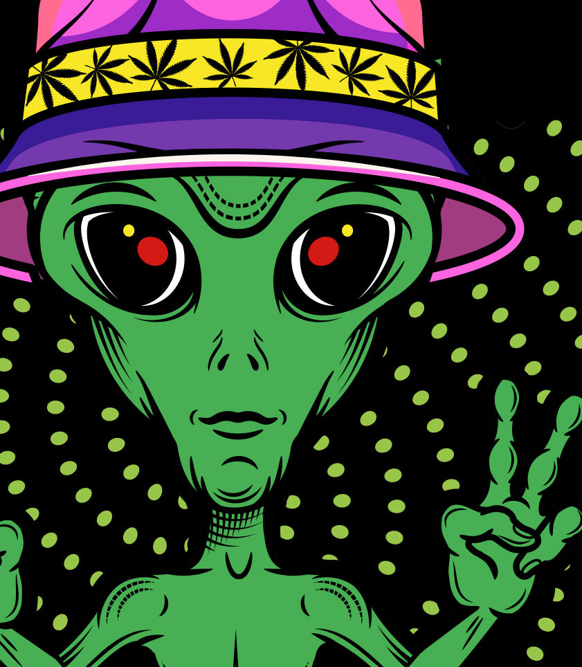 StonerDays Mac-1 T-shirt design with green alien graphic on a black background