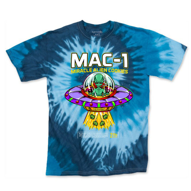 StonerDays Mac-1 Blue Tie Dye T-Shirt with UFO Graphic, Front View on White Background