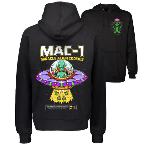 StonerDays Mac-1 Hoodie front view with vibrant alien graphics on black fabric