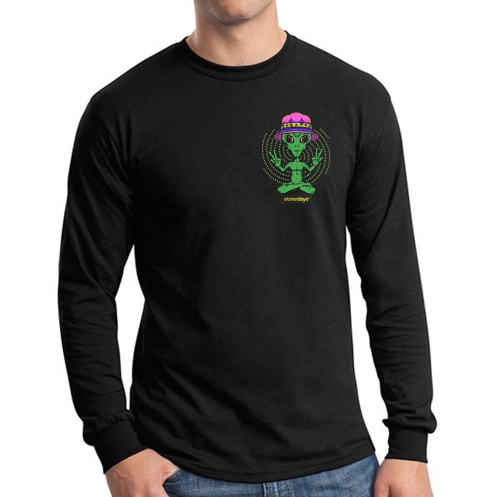 StonerDays Mac-1 Long Sleeve in Black with Green Graphic, Front View, Men's Cotton Apparel