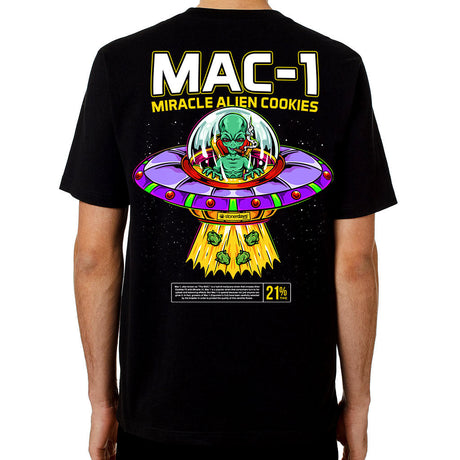 StonerDays Mac-1 men's black cotton t-shirt with alien graphic, rear view