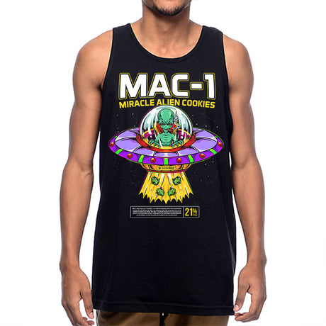 Front view of StonerDays Mac-1 Tank top in black, featuring vibrant alien design, available in S-XXXL