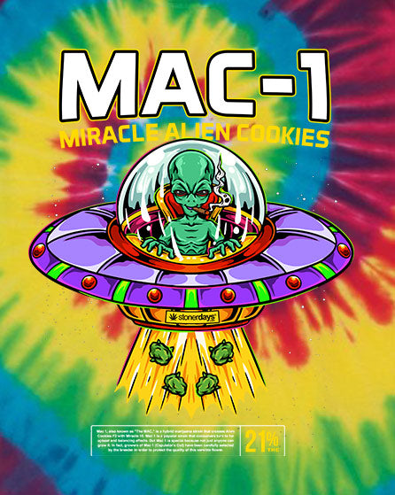 StonerDays Mac-1 Tie Dye Tee featuring an alien graphic on vibrant tie-dye background, size small