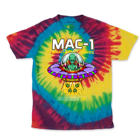 StonerDays Mac-1 Tie Dye Tee front view with vibrant green tie-dye pattern and graphic print