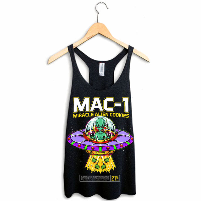 StonerDays Mac-1 Women's Racerback Tank Top in Black with Alien Graphic, Sizes S-XXL