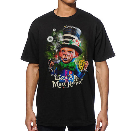 StonerDays Mad Shatter men's black cotton t-shirt with colorful dab straw design, front view