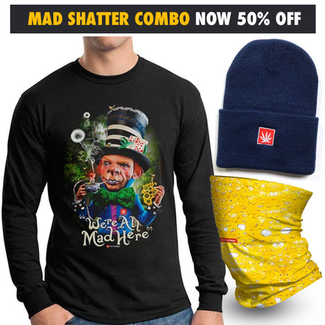 StonerDays Mad Shatter Combo featuring graphic long-sleeve tee, beanie, and gaiter with vibrant prints