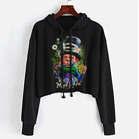 StonerDays Mad Shatter Women's Crop Top Hoodie in Black with Colorful Graphic Design - Front View