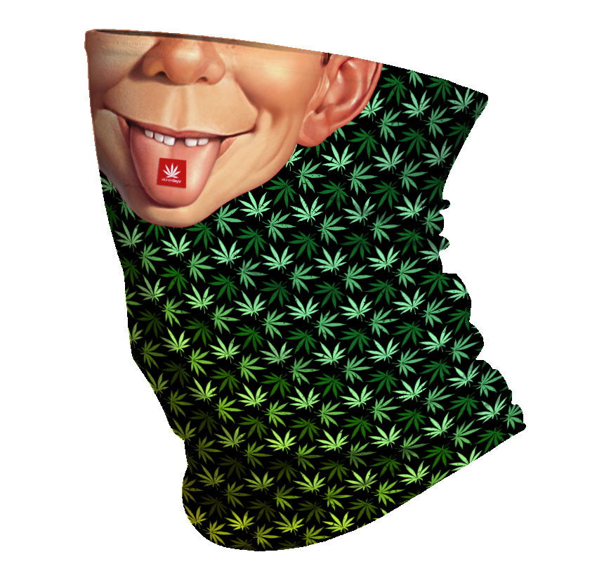 StonerDays Mad Trippin Neck Gaiter with vibrant cannabis leaf print, front view on white background