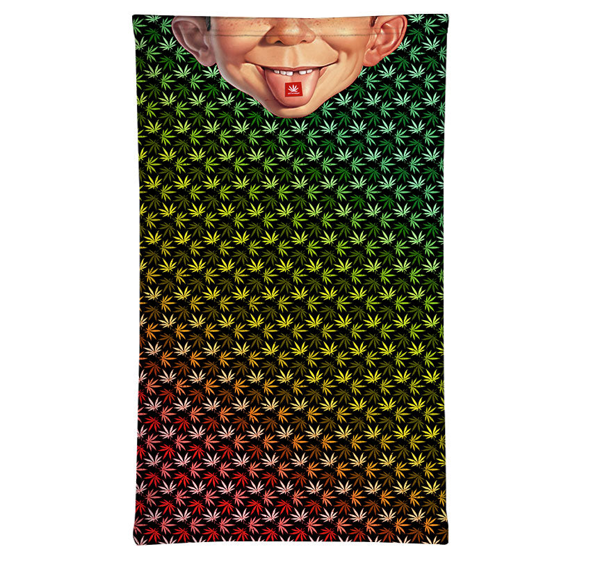 StonerDays Mad Trippin Neck Gaiter with vibrant cannabis leaf print and caricature face