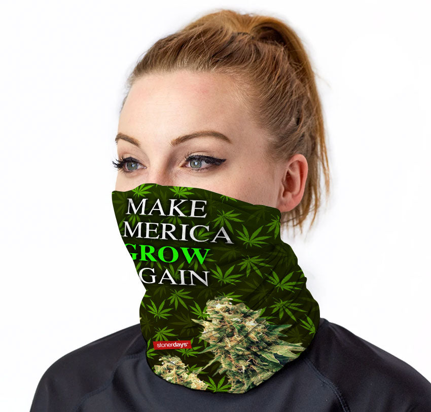 StonerDays Maga Grow Neck Gaiter featuring cannabis design, front view on model