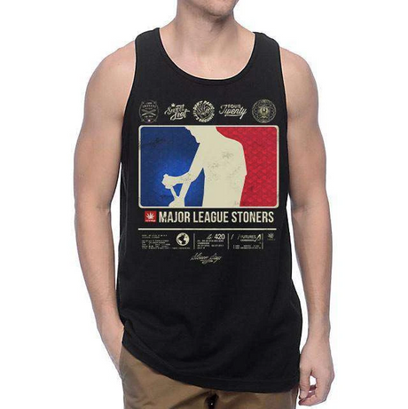 StonerDays Major League Stoners tank top in black, front view on model, cotton blend fabric