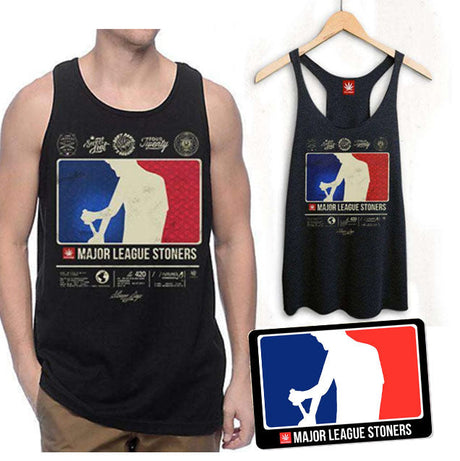StonerDays Major League Stoners tank top combo, cotton blend, front view on model and hanger