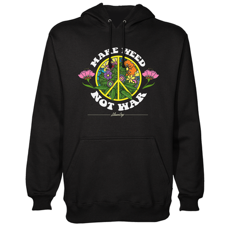 StonerDays black hoodie with 'Make Weed Not War' print, front view on white background