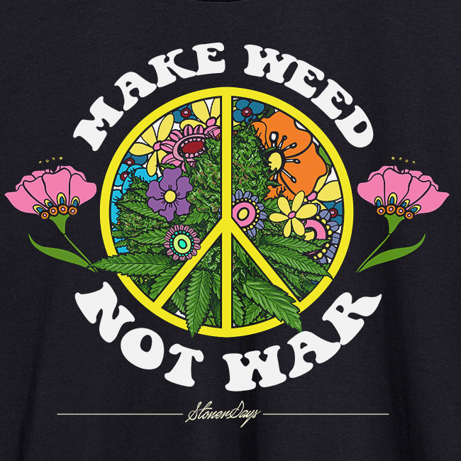 StonerDays Make Weed Not War Tee close-up, featuring vibrant peace sign with cannabis leaves