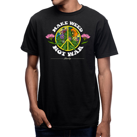 StonerDays black cotton tee with "Make Weed Not War" graphic, front view on male model