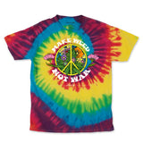 StonerDays 'Make Weed Not War' tie-dye t-shirt in vibrant rainbow colors, front view on white background
